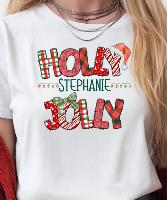 Christmas Patchwork Holly Jolly Personalized Tee, Holiday T-Shirt, Festive Cotton Shirt, Unisex Top, Xmas Doodle Letters Apparel